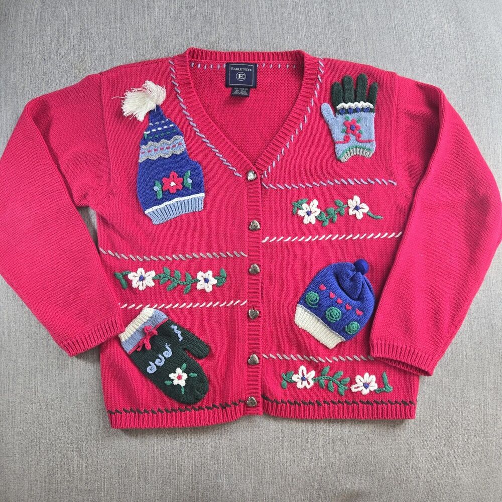 Vintage Eagle’s Eye Girls M (10/12) Red Knit Cardigan – Winter Mittens & Floral